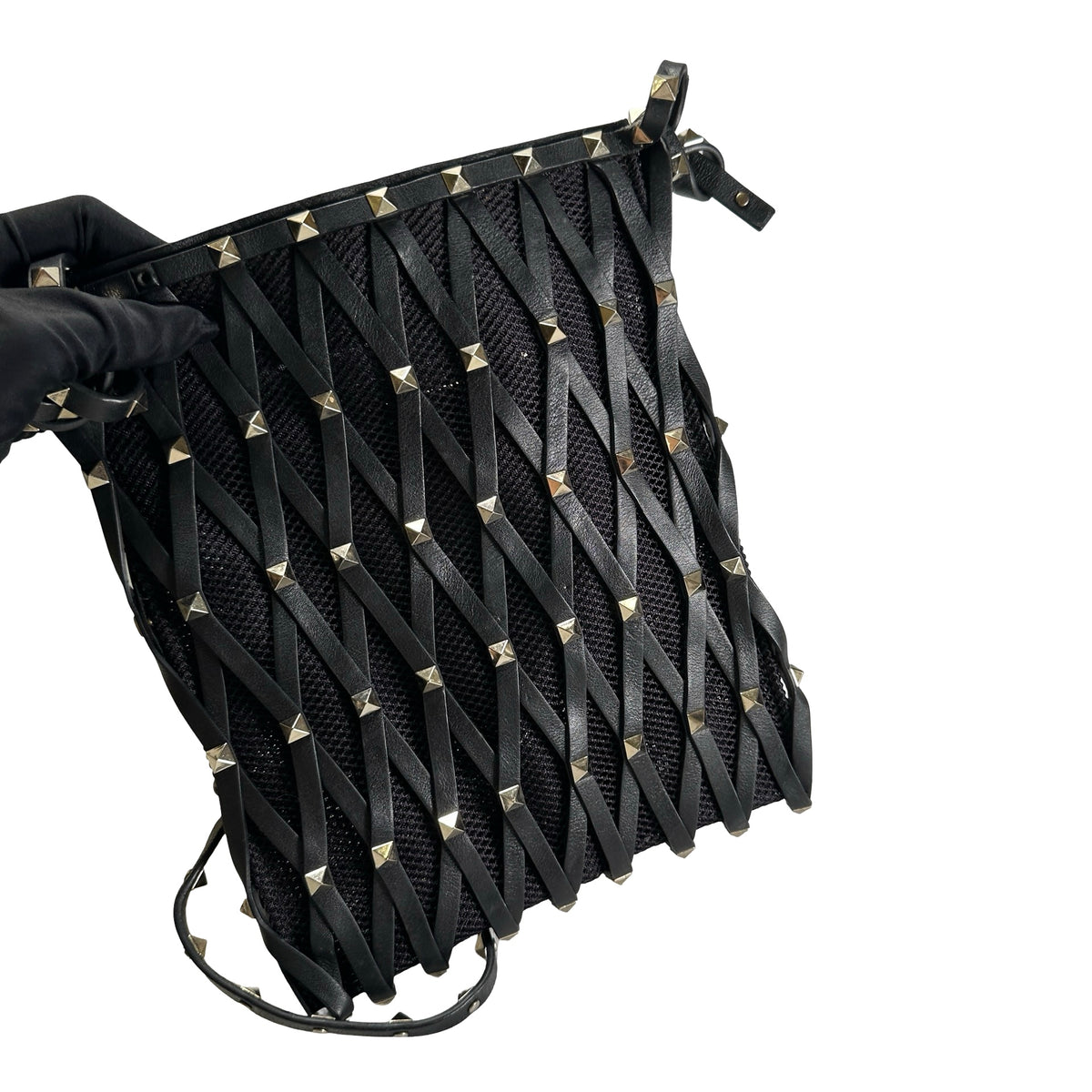 Used VALENTINO Leather Mesh Rockstud Spike Tote Bag Black Silver