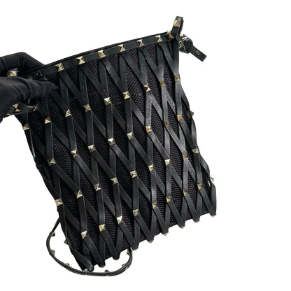 Used VALENTINO Leather Mesh Rockstud Spike Tote Bag Black Silver