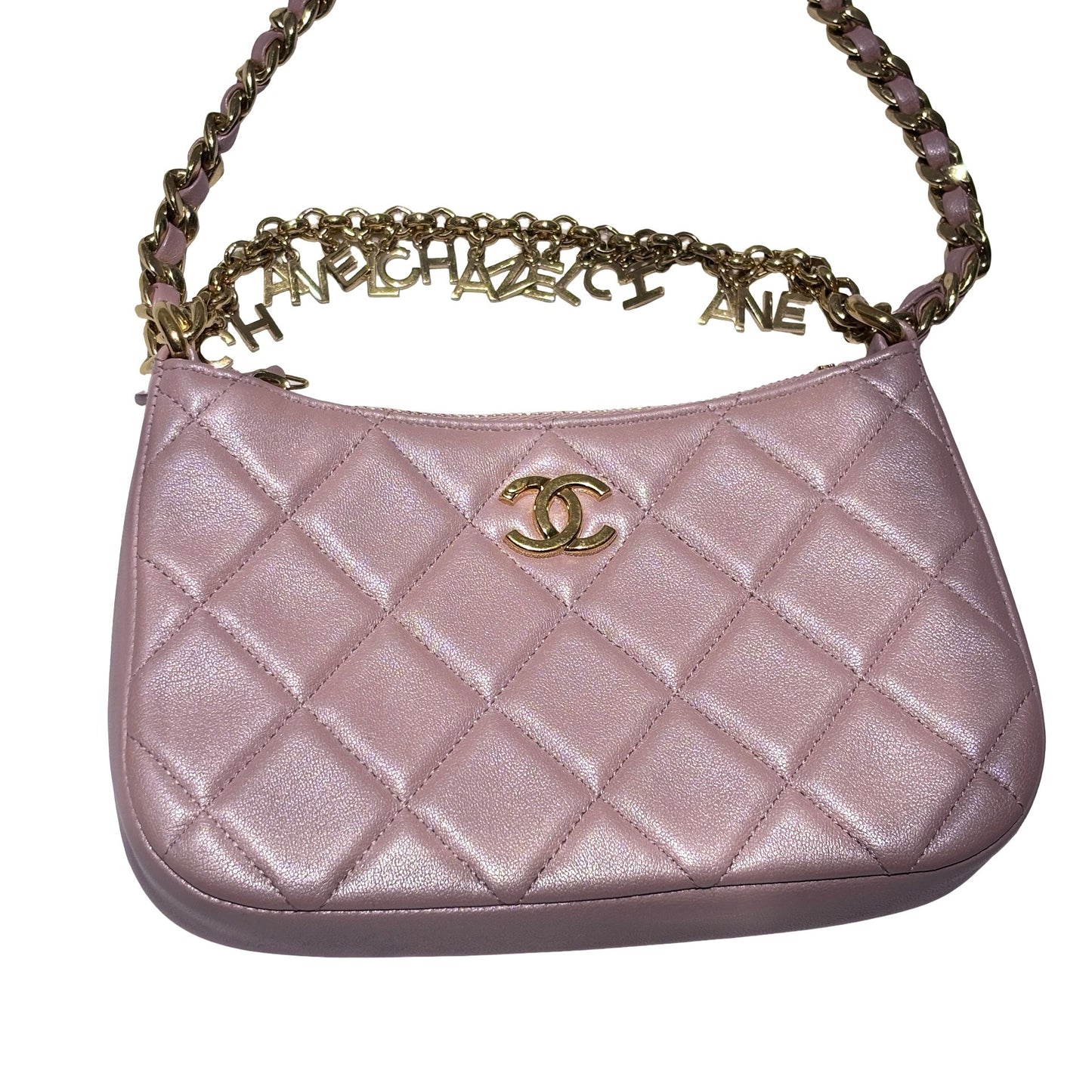 Used CHANEL Lambskin Leather 24P Charms Hobo Bag metallic pink GHW