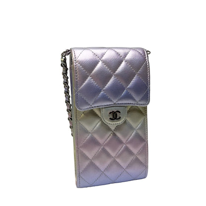 Used CHANEL Quilted Metallic Quilted Phone Bag Phone Bag Ombre Silver Gold Purple