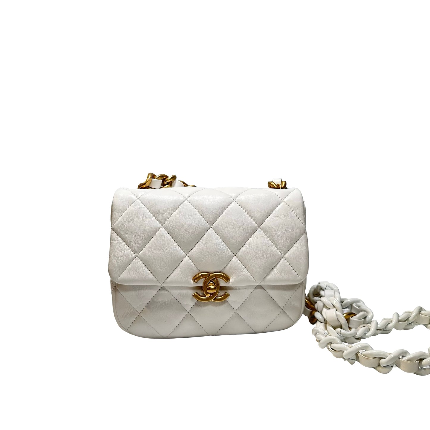 Used CHANEL Calfskin Leather Flap Cross Body Bag White GHW