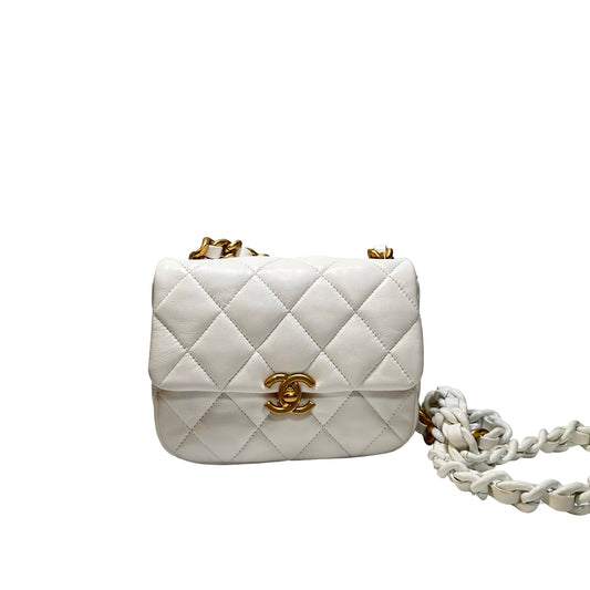 Used CHANEL Calfskin Leather Flap Cross Body Bag White GHW