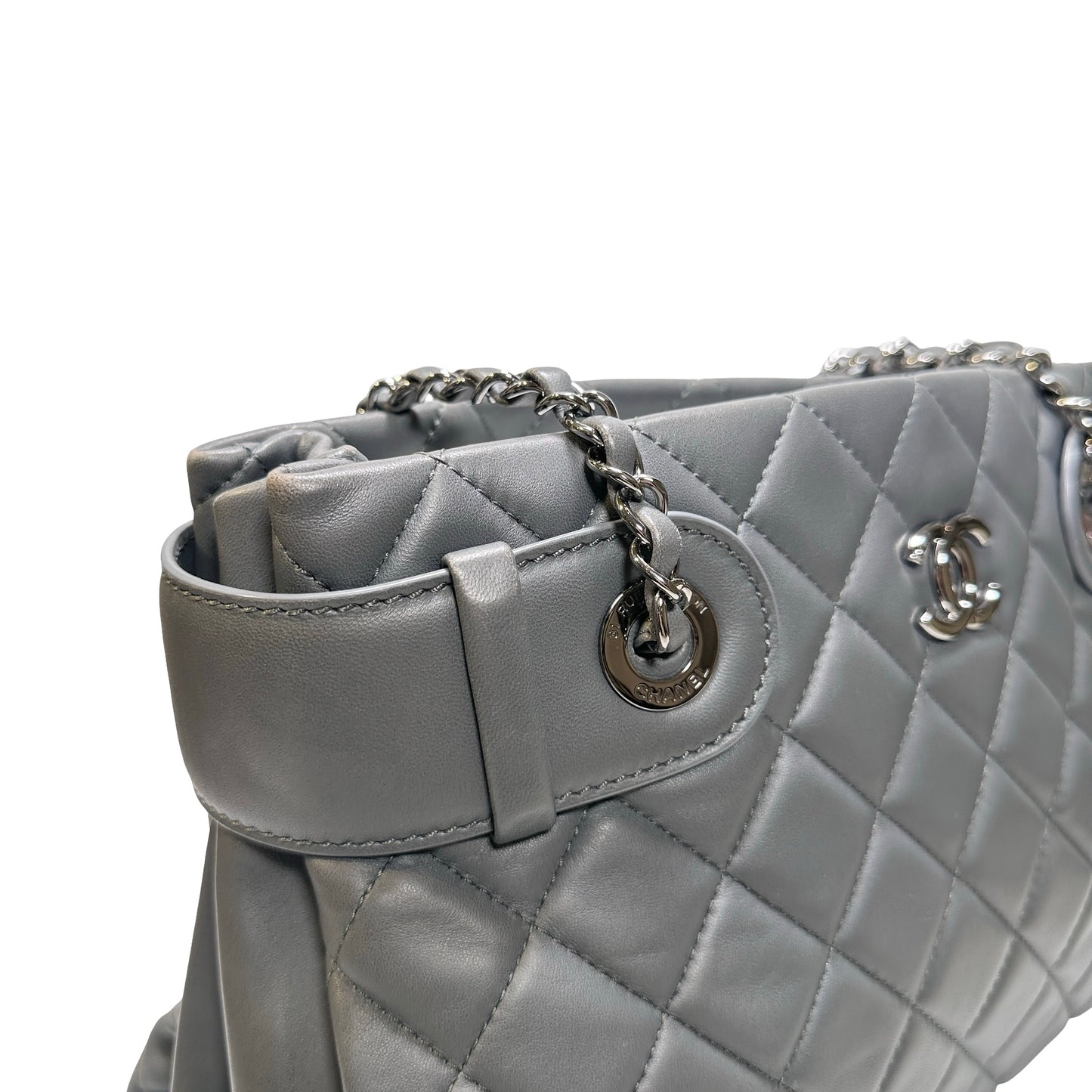 Used CHANEL Lambskin Leather Grey Tote Bag Grey PHW