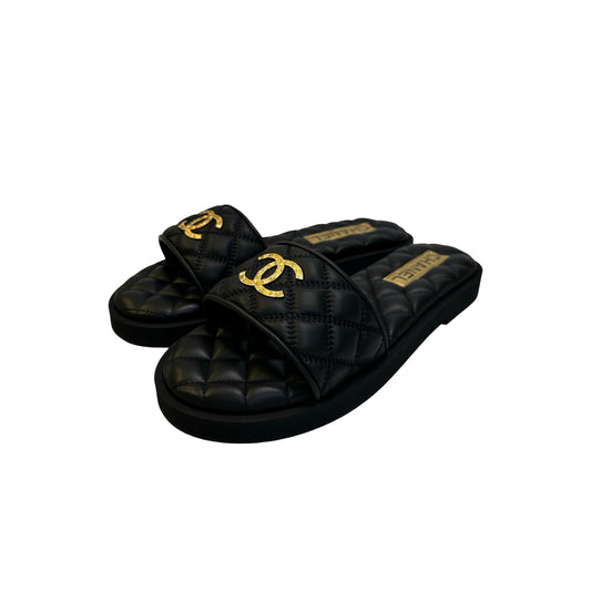 Brand New CHANEL Quilted Leather Slippers Shoes Black Gold