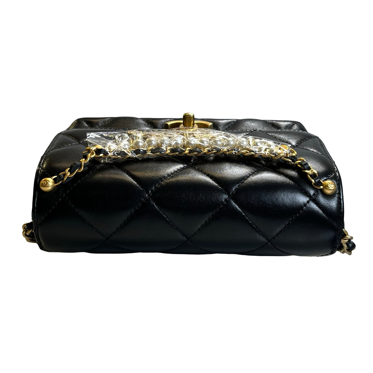 Used CHANEL Quilted Velvet 24A mini pearl logo Flap bag Bucket Bag Black Gold
