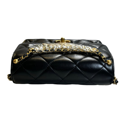 Used CHANEL Quilted Velvet 24A mini pearl logo Flap bag Bucket Bag Black Gold