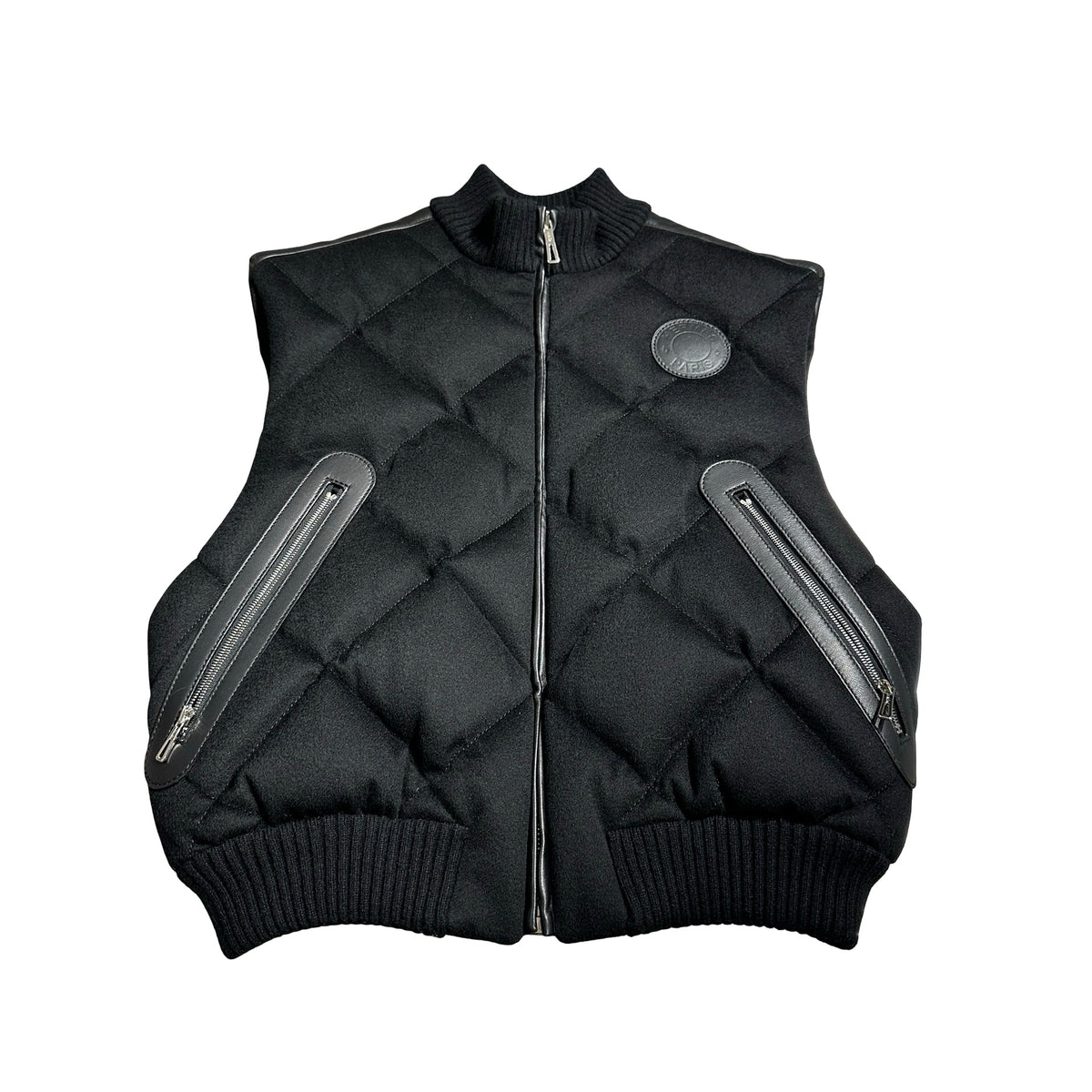 Used HERMES Quilted Wool Leather Trim Quilted Vest Clothes Black