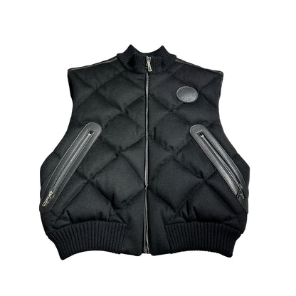 Used HERMES Quilted Wool Leather Trim Quilted Vest Clothes Black