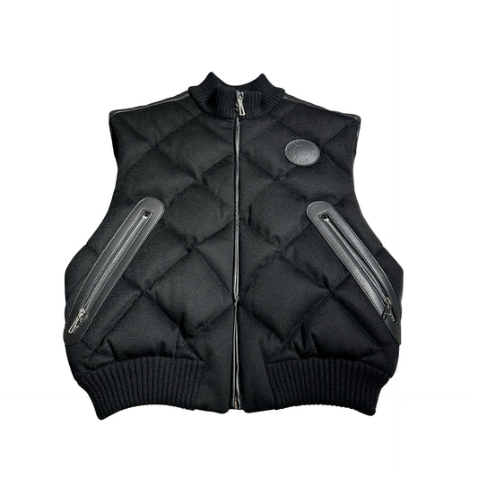 Used HERMES Quilted Wool Leather Trim Quilted Vest Clothes Black