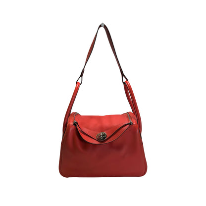 Used HERMES Clemence Lindy 26 Handbag Red PHW