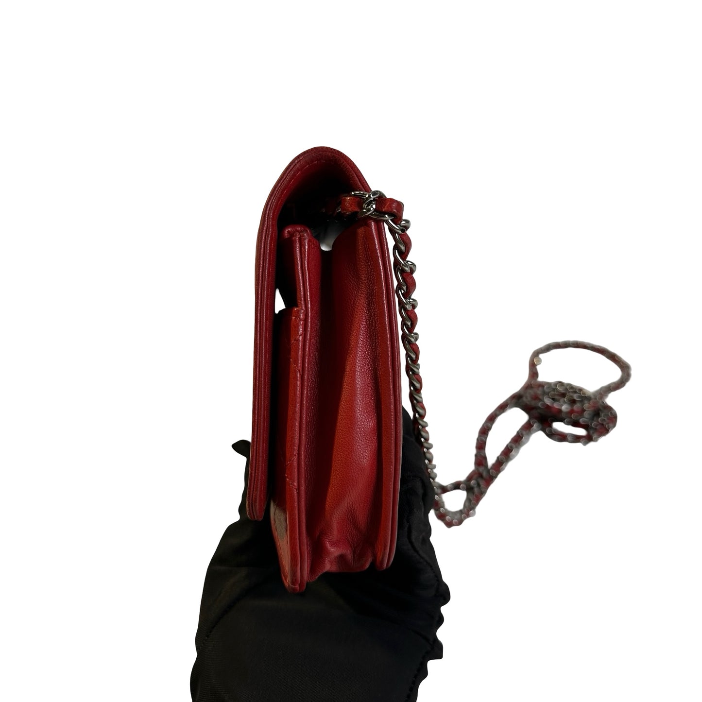 Used CHANEL Quilted Lambskin Boy Wallet on chain Red