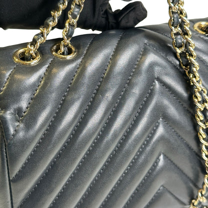 Used CHANEL Chevron Leather Chevron Flap Bag Chain Shoulder Bag Black Gold