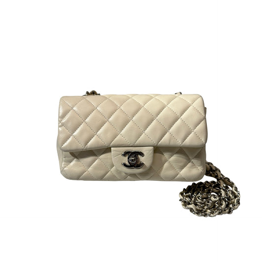 Used CHANEL Calfskin Leather Mini Flap Cross Body Bag PHW White