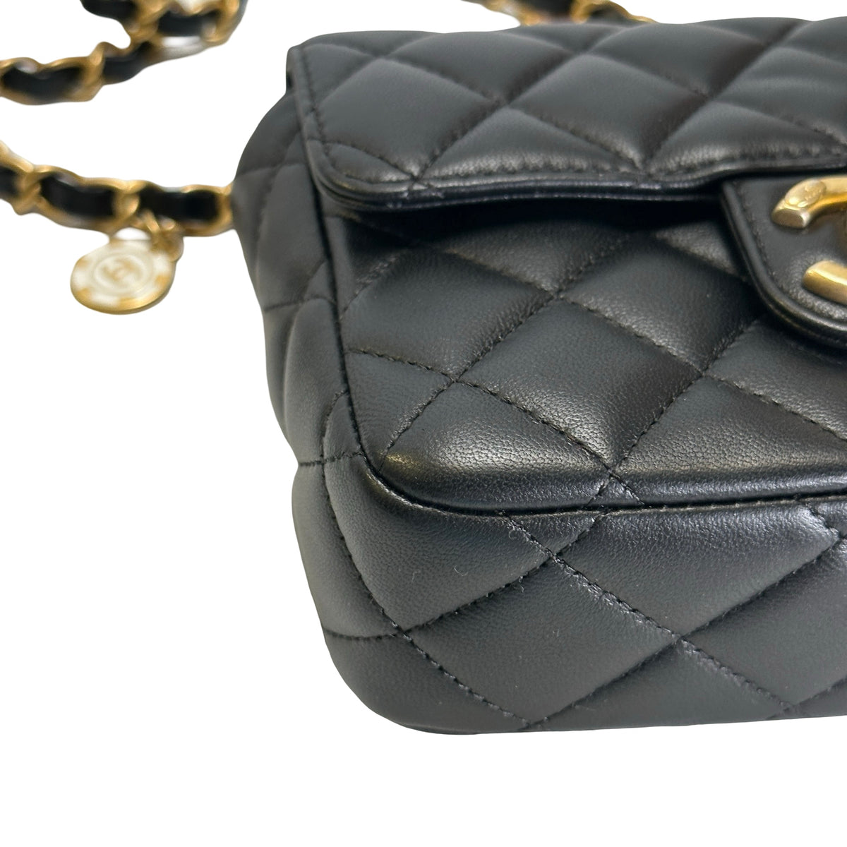 Used CHANEL Quilted Lambskin Mini Flap Bag Shoulder Bag Black Gold