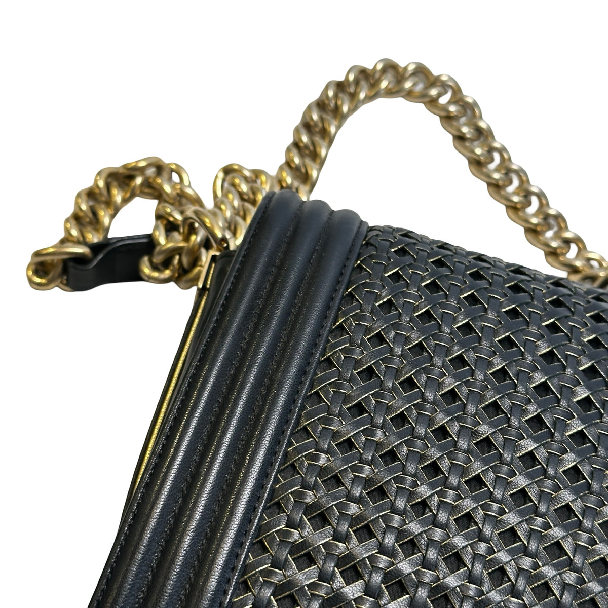 Used CHANEL Woven Leather Boy Chain Shoulder Bag Black Gold