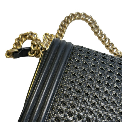 Used CHANEL Woven Leather Boy Chain Shoulder Bag Black Gold