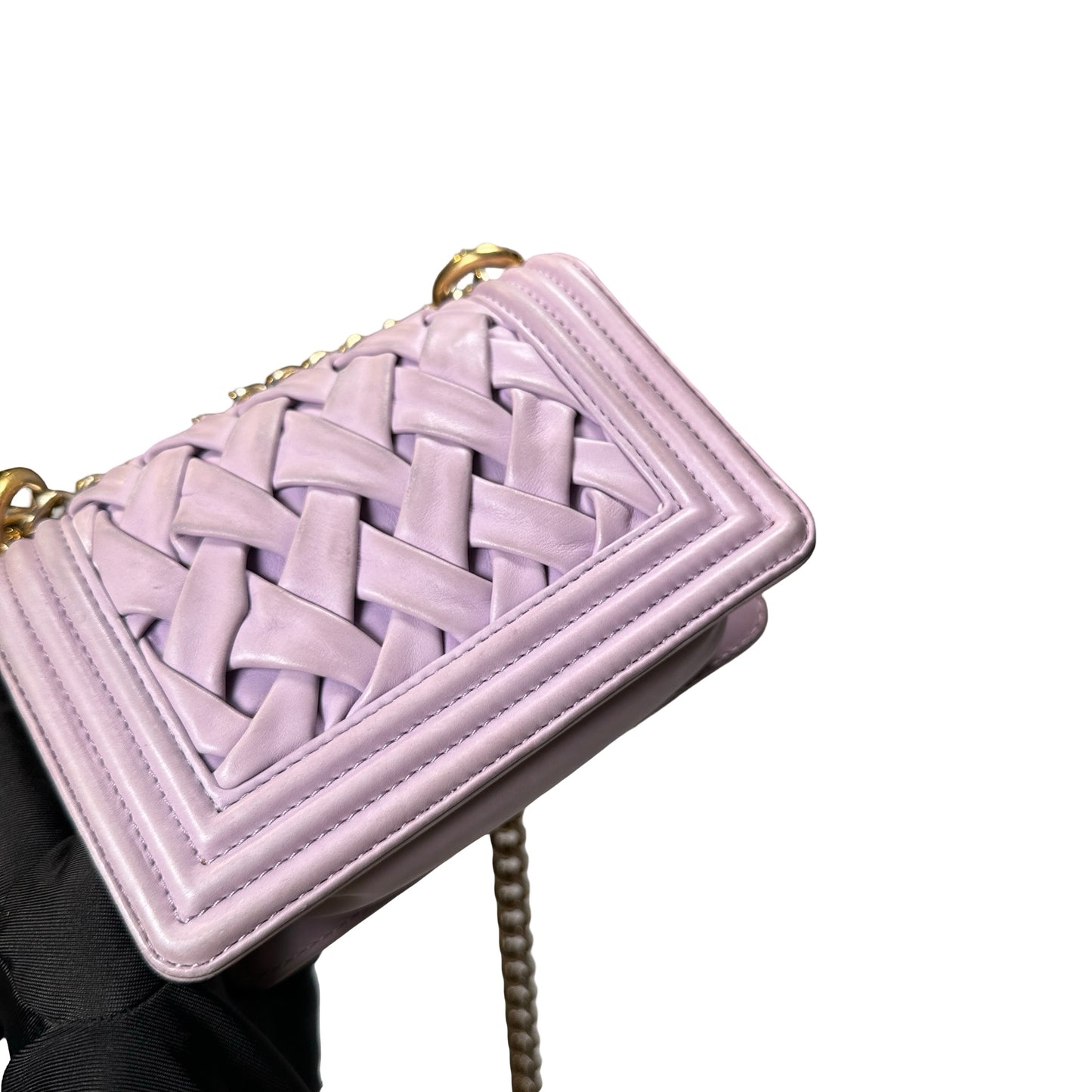 Used CHANEL Braided Lambskin Boy Chain Shoulder Bag Lilac Gold