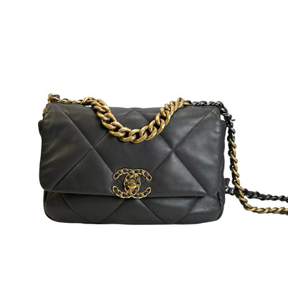 Used CHANEL Quilted Goatskin Chanel 19 Chain Shoulder Bag Grey Gold Ruthenium