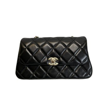 Used CHANEL Quilted Lambskin Mini Rectangular Flap Bag Chain Shoulder Bag Black Gold