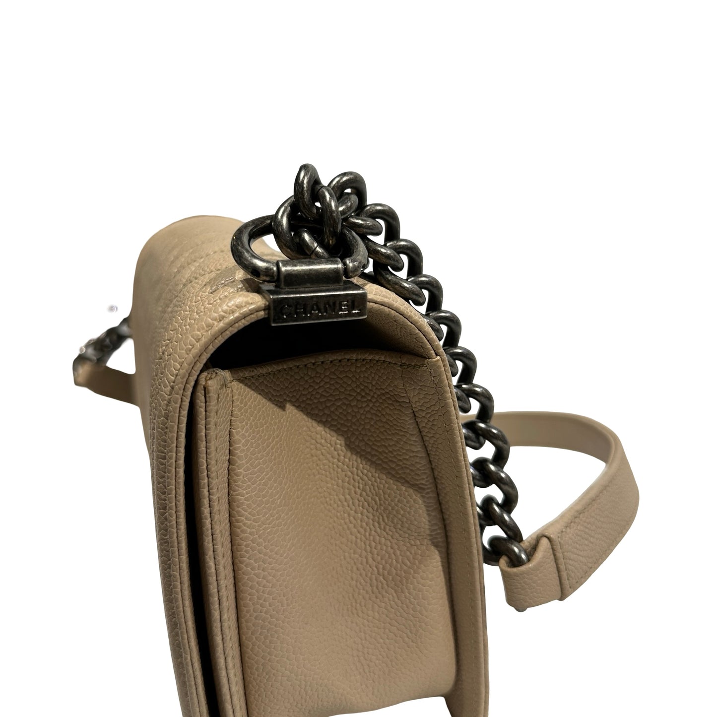 Used Chanel Caviar Leather Boy 25 Shoulder Bag Beige PHW