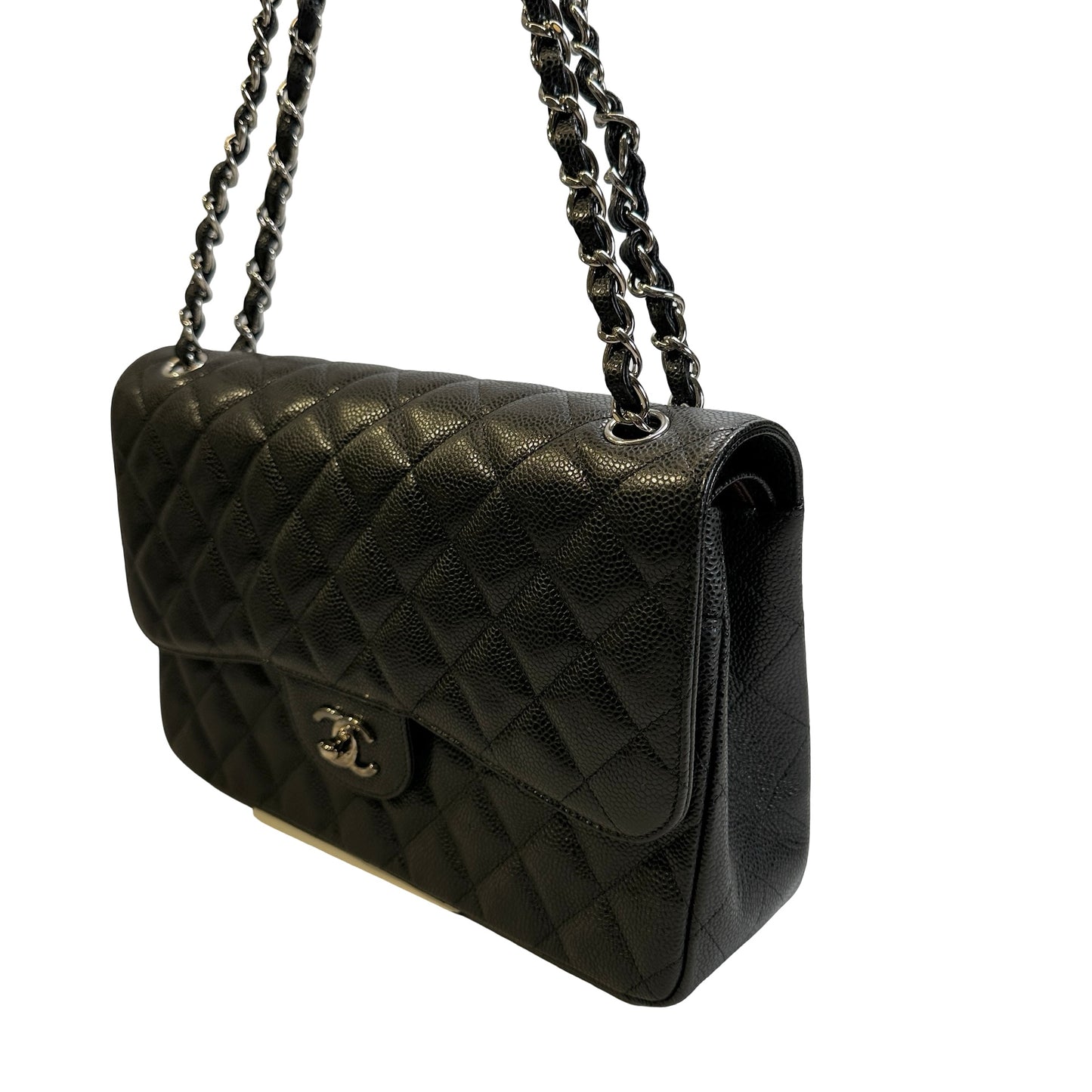 Used CHANEL Quilted Caviar leather Jumbo Single Flap Bag Shoulder Bag Black Silver hardware