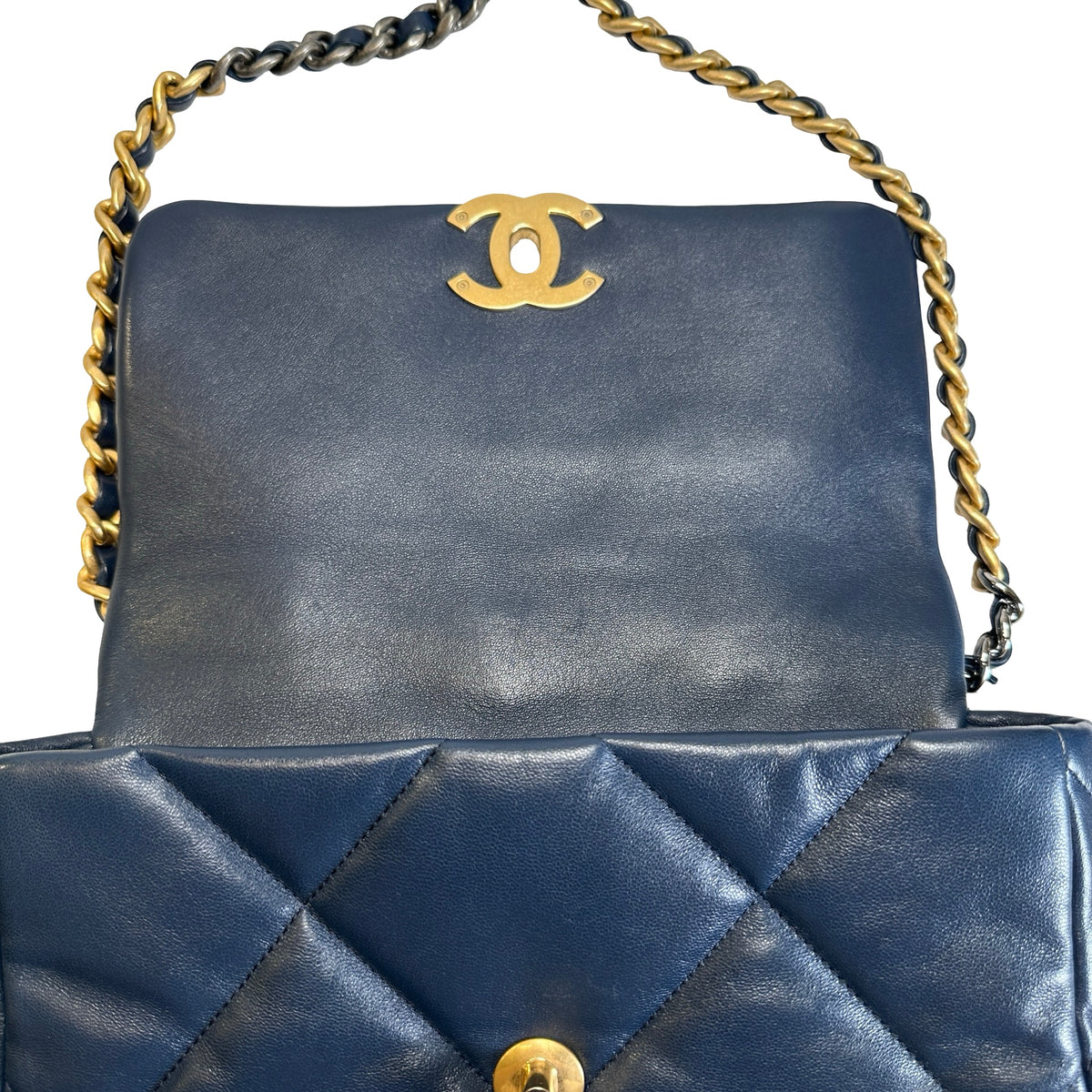 Used CHANEL Lambskin Quilted Chanel 19 Shoulder Bag Navy Blue