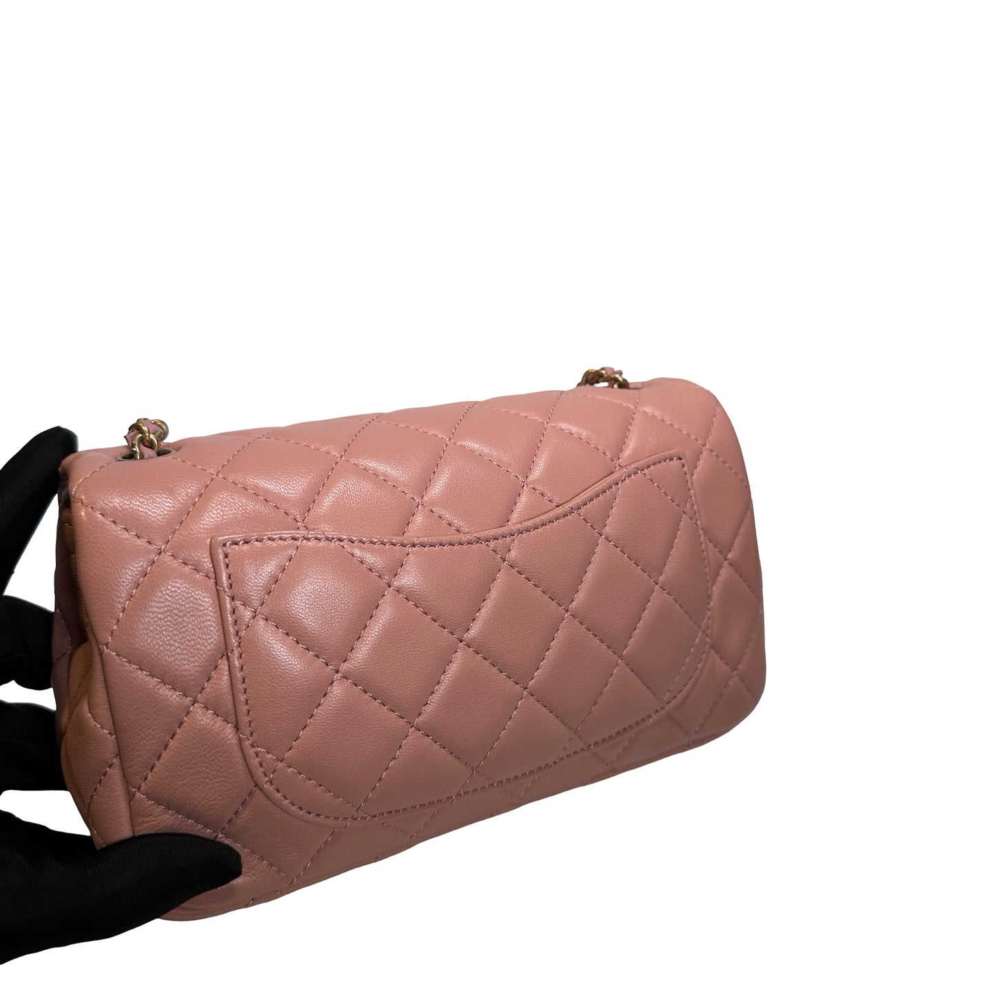 Used CHANEL Diamond Quilted Lambskin Mini Rectangular Flap Chain Shoulder Bag Pink