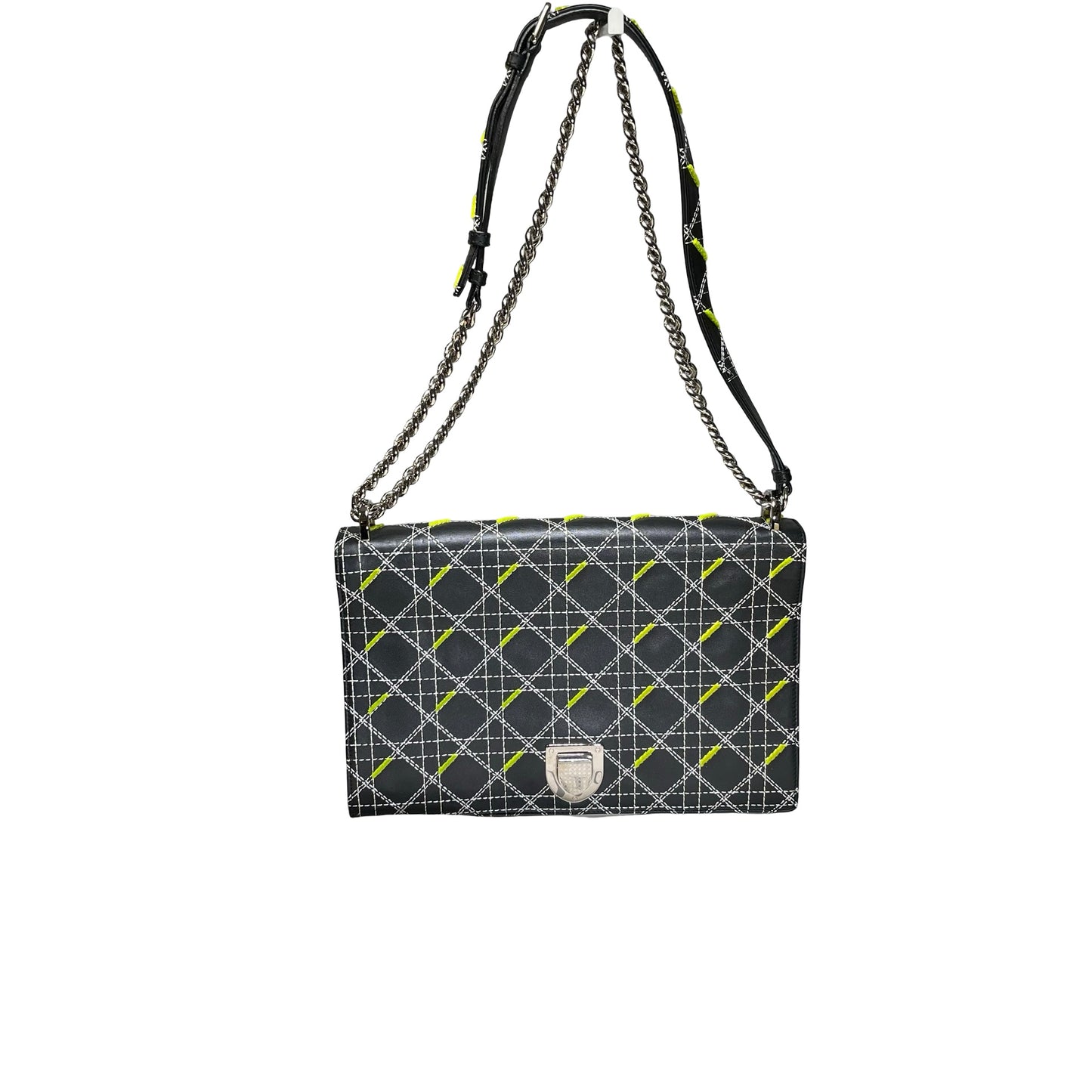 Used DIOR Cannage Leather Diorama Chain Shoulder Bag Black Yellow White PHW