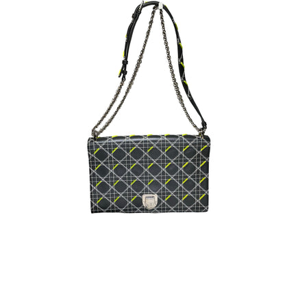 Used DIOR Cannage Leather Diorama Chain Shoulder Bag Black Yellow White PHW