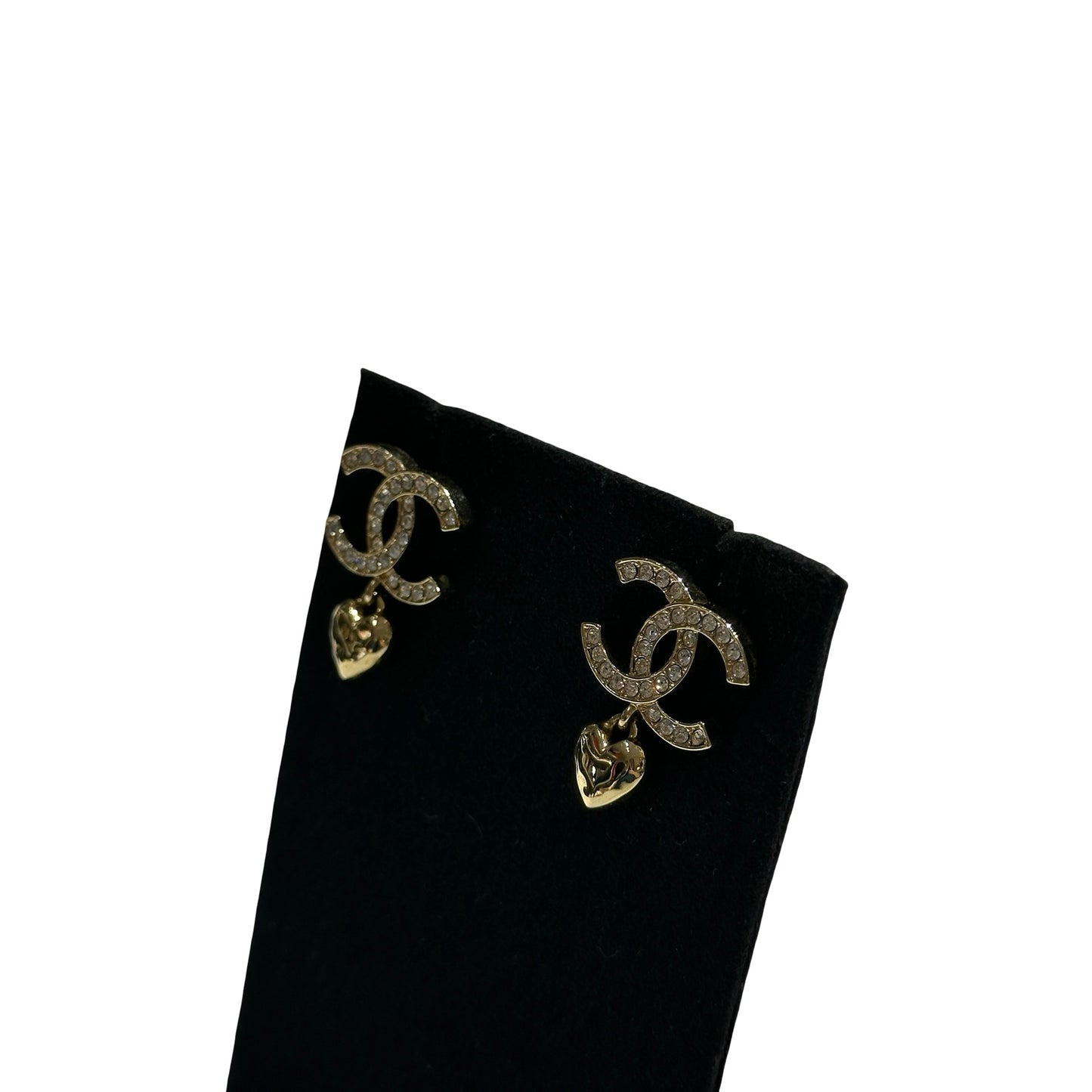 Used CHANEL Rhinestone CC with Heart Drop Earrings Gold Clear