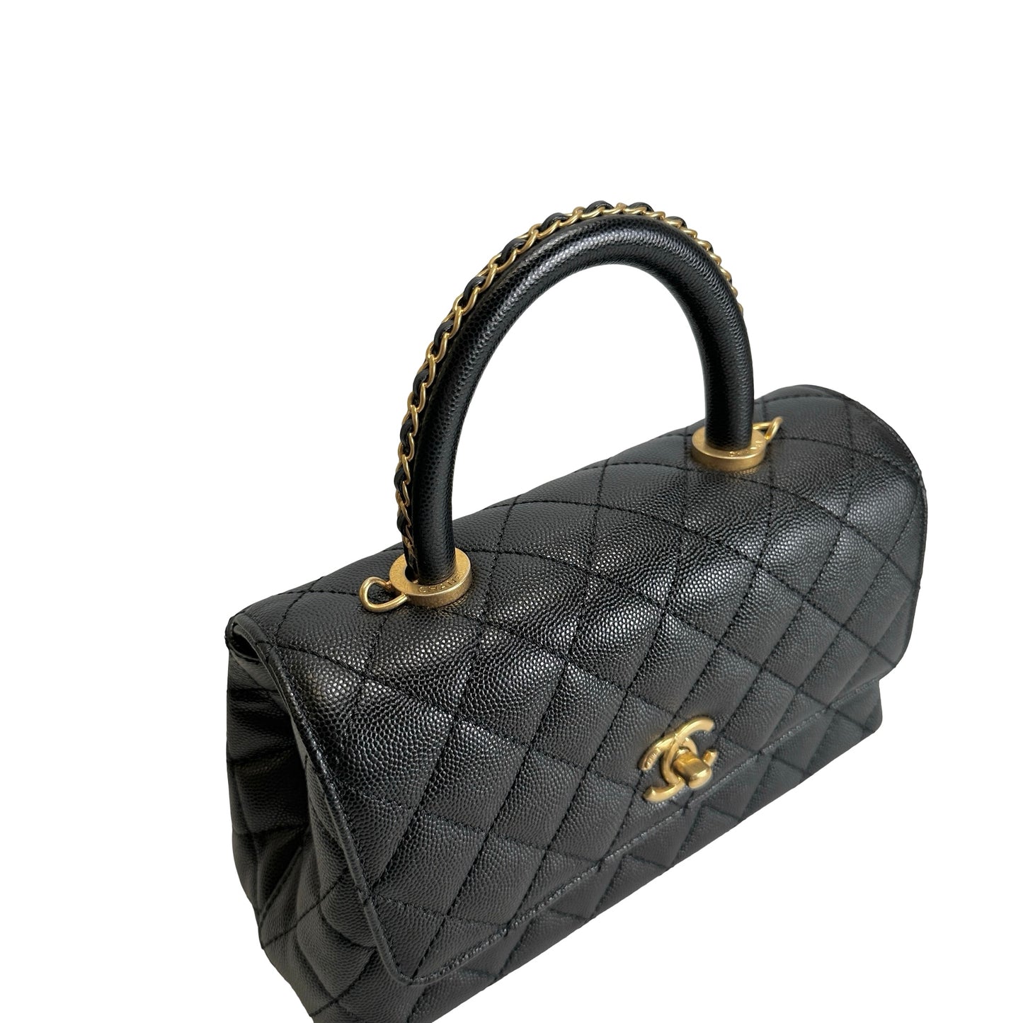 Used CHANEL Quilted Caviar Coco Handle Handbag Black Gold