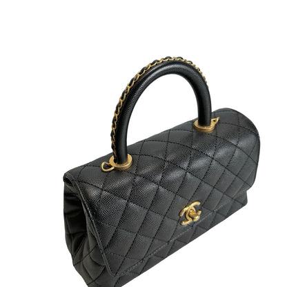 Used CHANEL Quilted Caviar Coco Handle Handbag Black Gold
