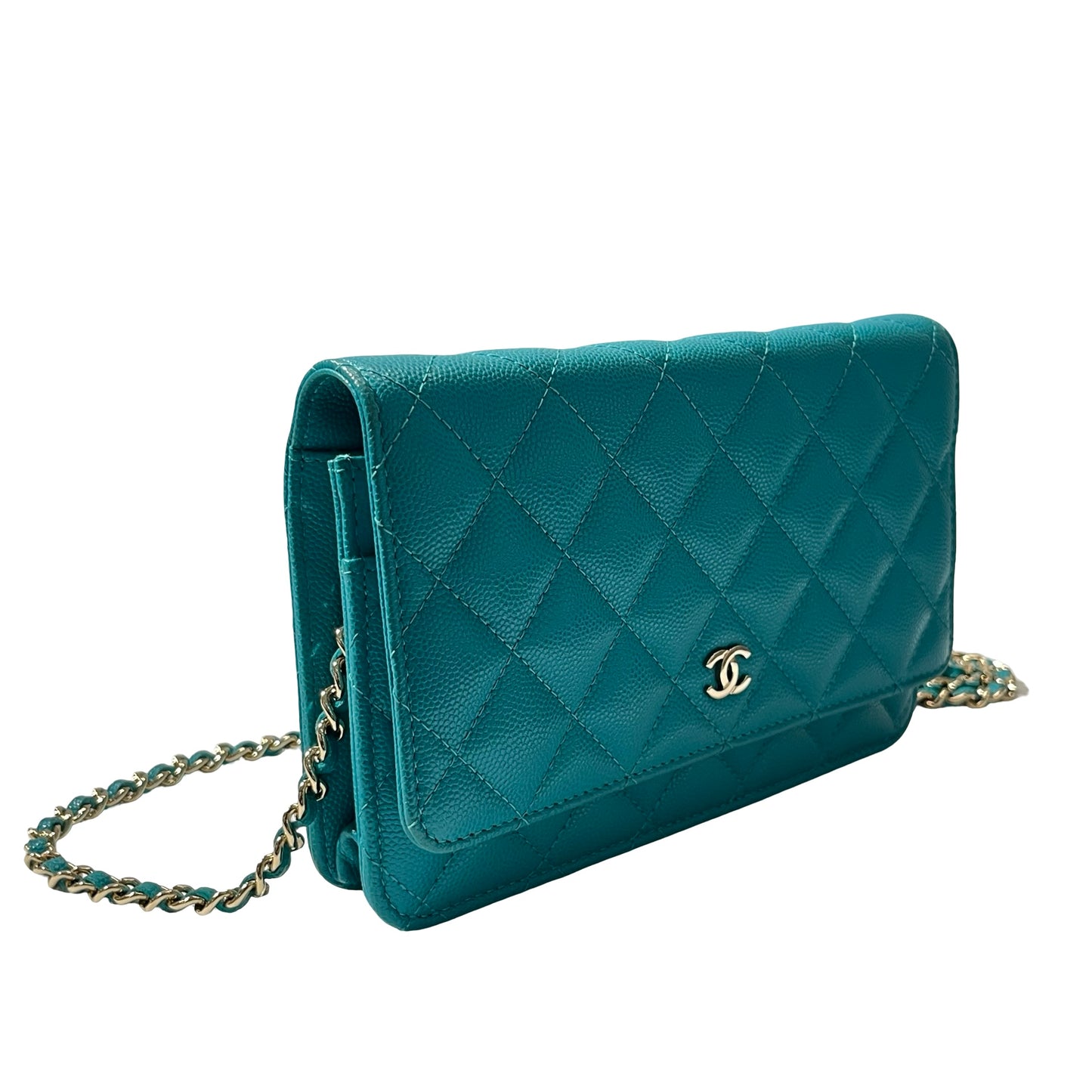 Used CHANEL Calfskin Leather WOC Cross Body Bag Green GHW