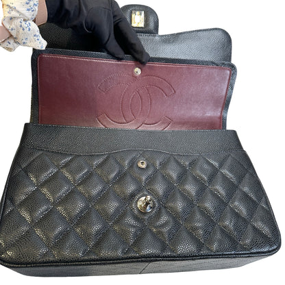 Used CHANEL Quilted Caviar leather Jumbo Single Flap Bag Shoulder Bag Black Silver hardware