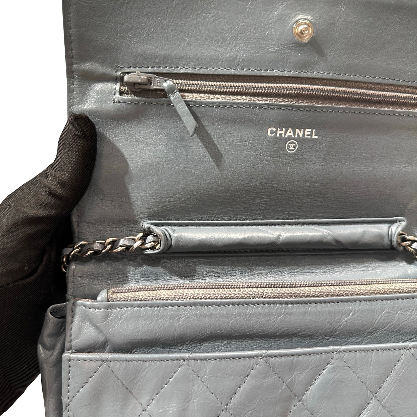 Used Chanel Shiny Calfskin WOC Cross Body Bag Baby Blue PHW