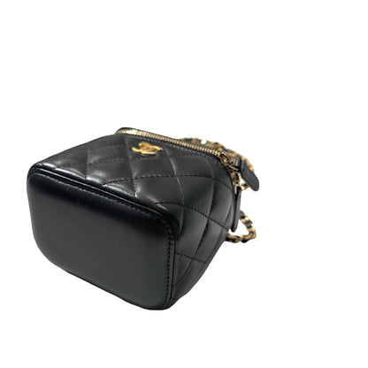 Used CHANEL Lambskin Leather Vanity Case with Gold Ball Cross Body Bag Black GHW