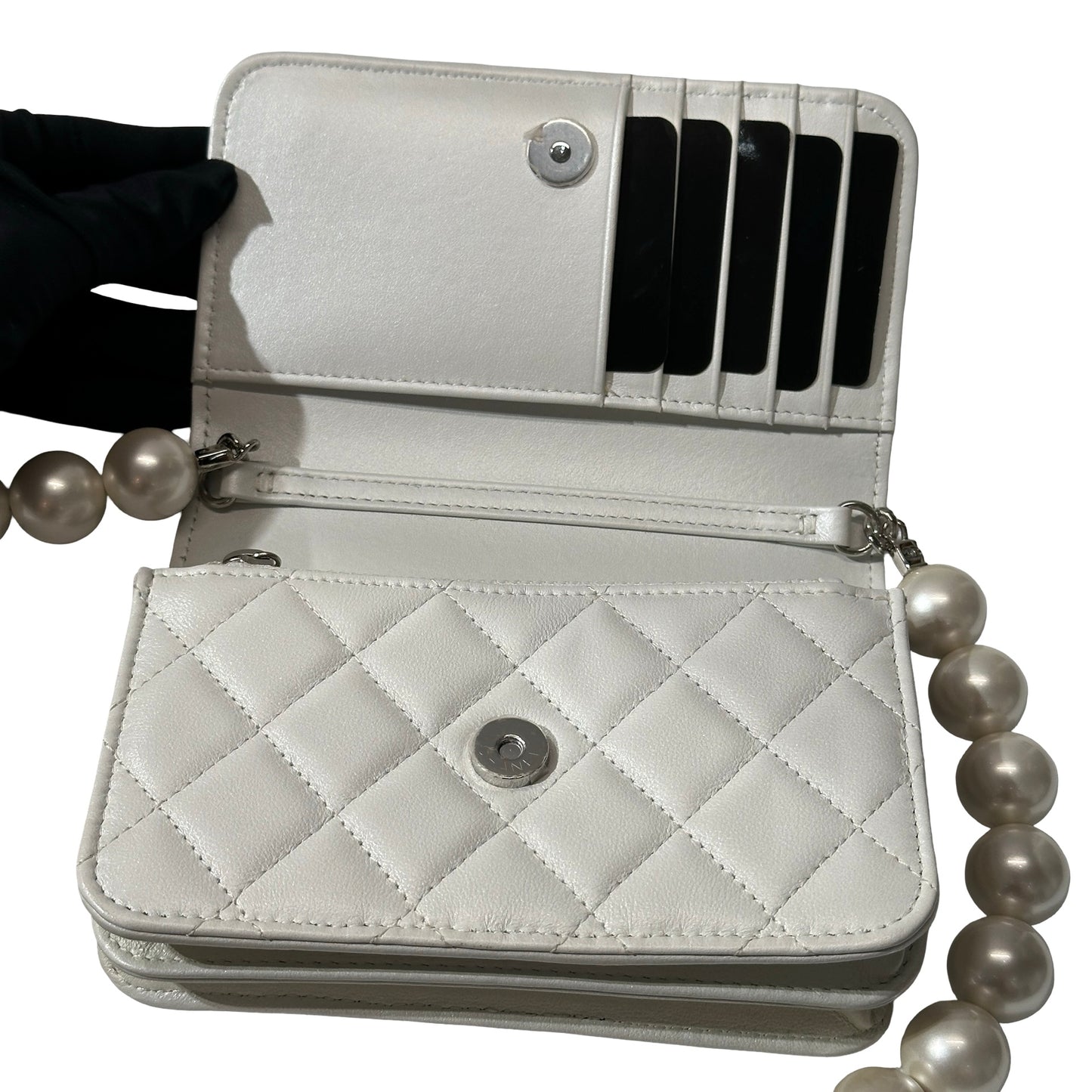 Used CHANEL Lambskin Leather WOC Pearl Shoulder Bag White PHW