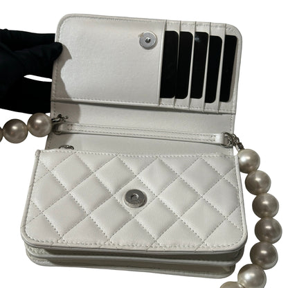 Used CHANEL Lambskin Leather WOC Pearl Shoulder Bag White PHW