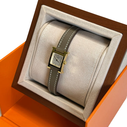 Used HERMES Leather Gold Plated Heure H Watch Green Gold White