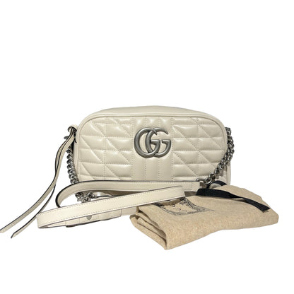 Used GUCCI Matelasse Aria Calfskin Leather GG MARMOUNT Chain Shoulder Bag White PHW