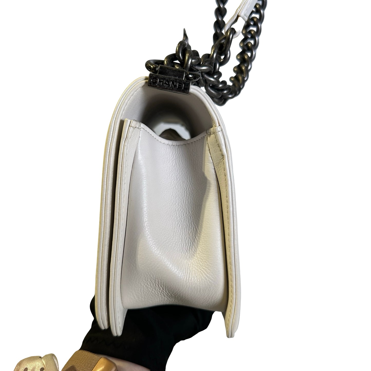 Used CHANEL Quilted Calfskin Boy Chain Shoulder Bag White