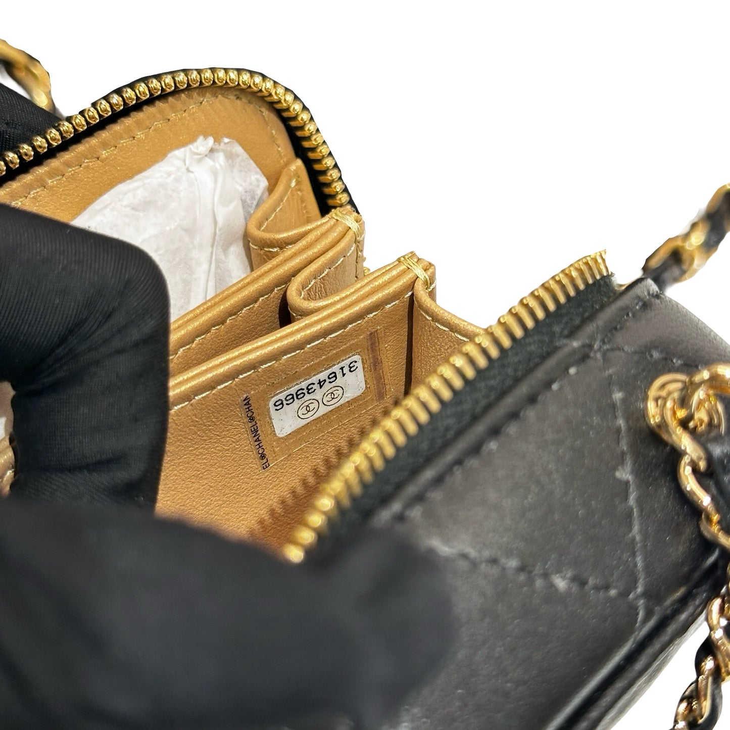 New CHANEL Lambskin Leather Vanity Case Shoulder Bag Gold Black GHW