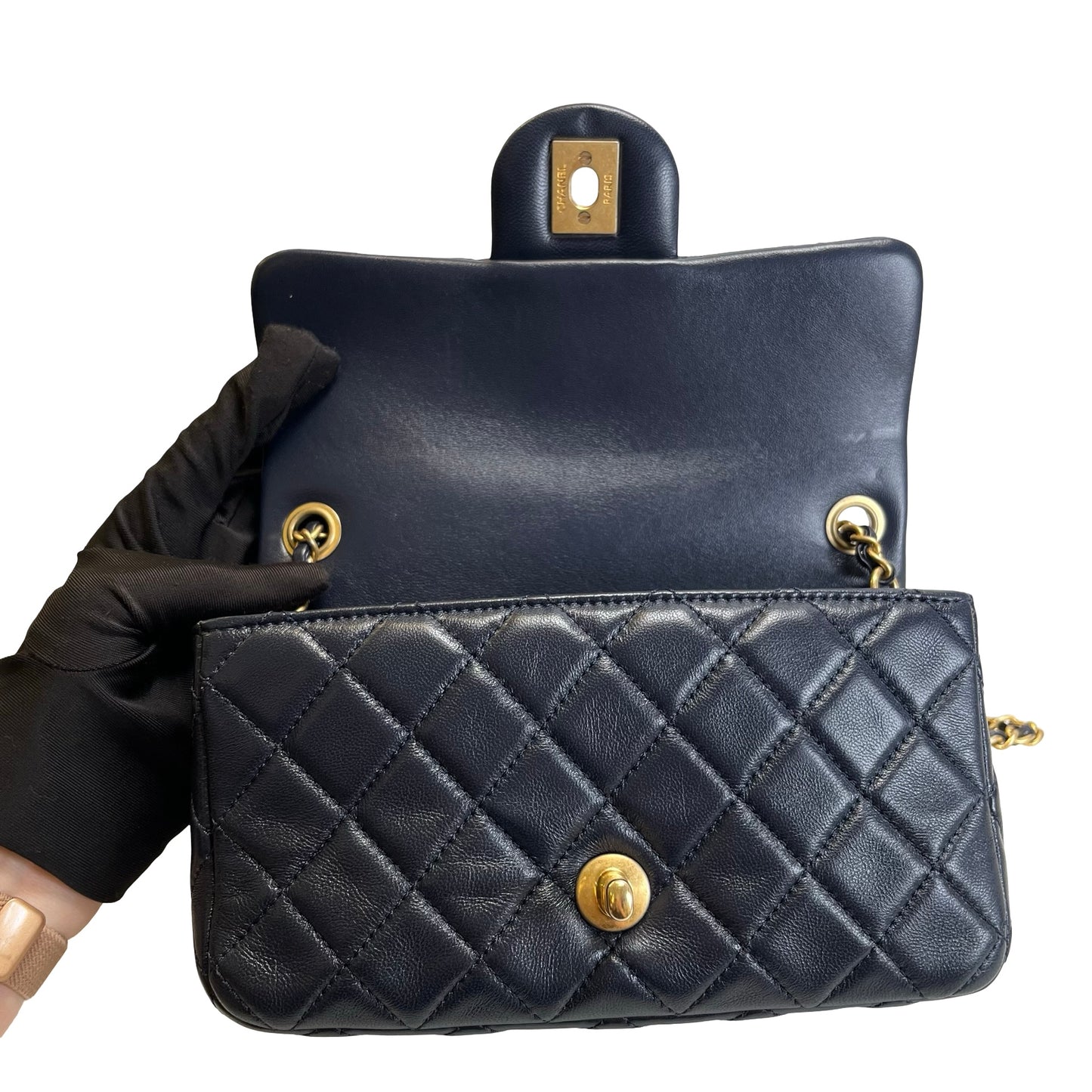 Used CHANEL Quilted Lambskin Classic Flap Chain shoulder bag Navy Blue