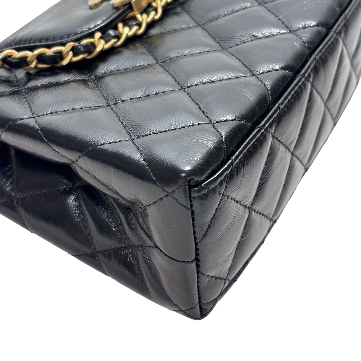 Used CHANEL Calfskin Leather Shiny Aged Calfskin Quilted Kelly Cross Body Bag Black GHW