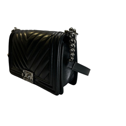 Used CHANEL Chevron Leather Boy Chanel Shoulder Bag Black Silver