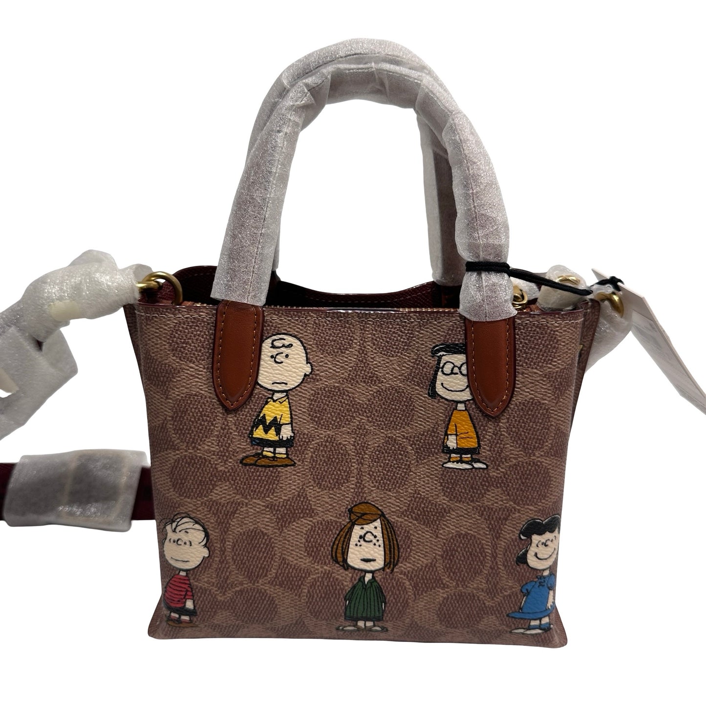 New COACH Canvas Coach X Peanuts Willow 18 Cross Body Bag Brown Red GHW