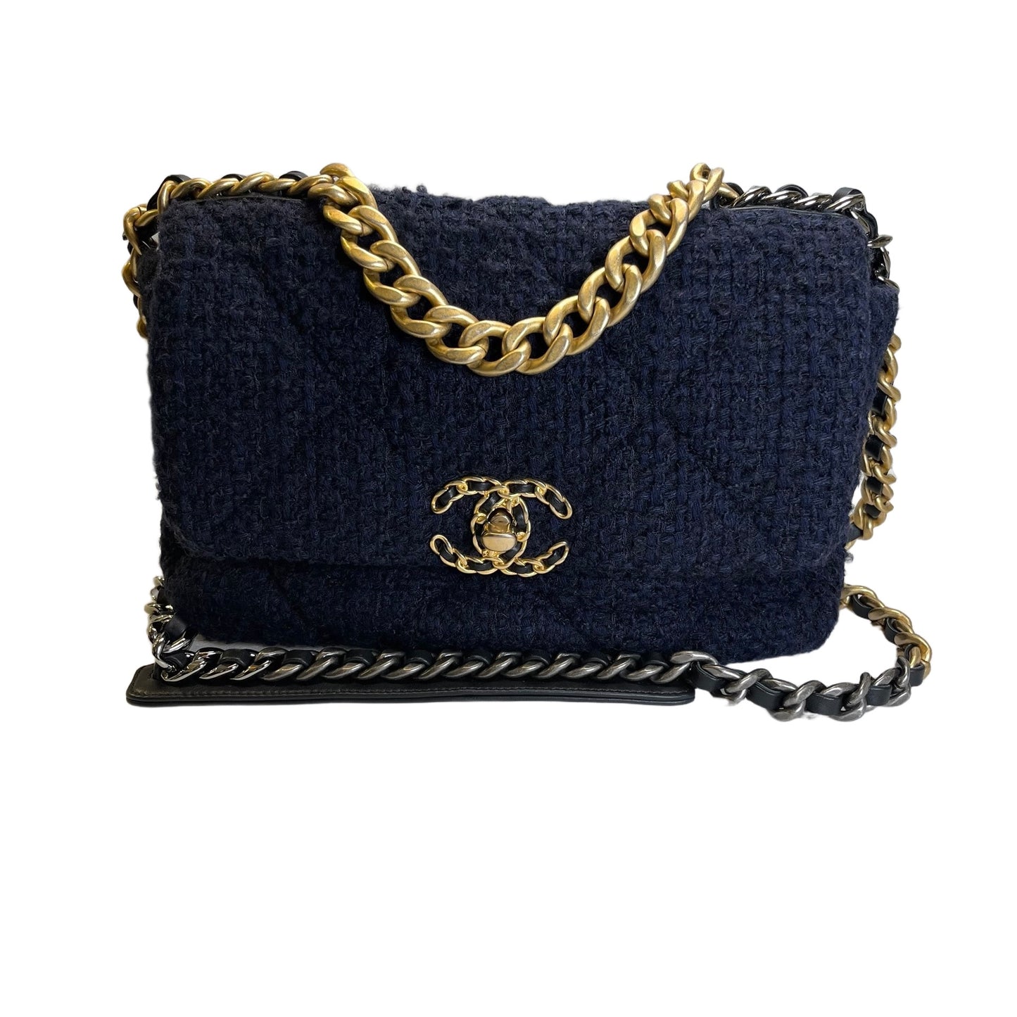 Used CHANEL Tweed Chanel 19 Small Shoulder Bag Navy