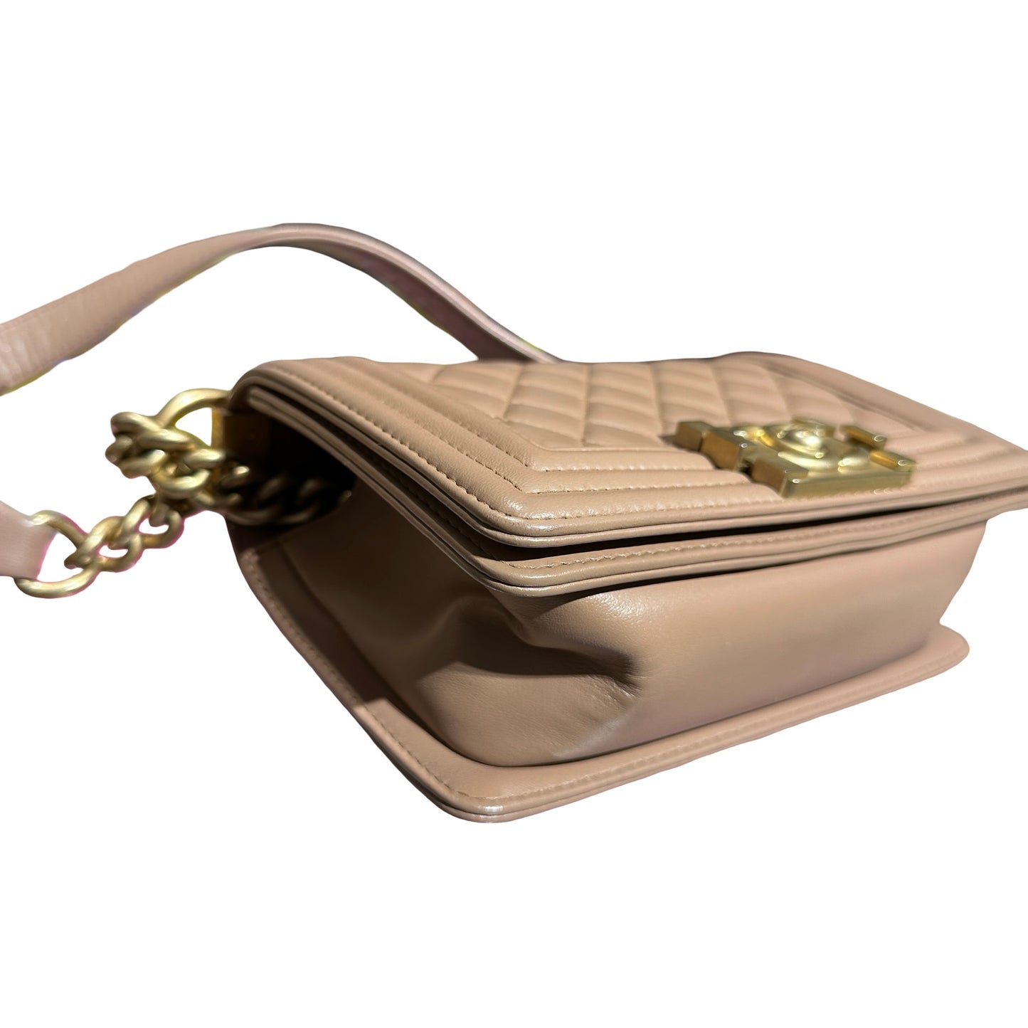 Used CHANEL Calfskin Leather Boy 20cm Shoulder Bag Beige GHW