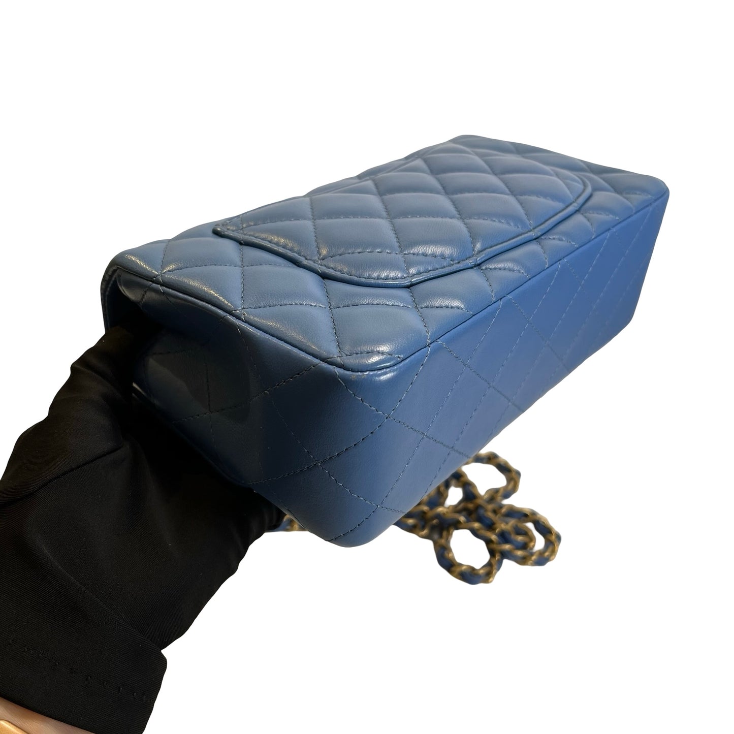Used CHANEL Quilted Lambskin Classic Flap Handbag Blue Gold hardware