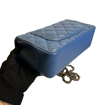 Used CHANEL Quilted Lambskin Classic Flap Handbag Blue Gold hardware
